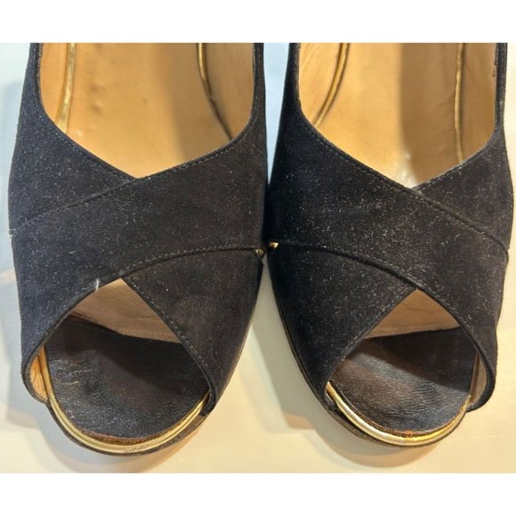 Women's Vintage 1980's Bruno Magli Black Gold Suede Heels Size 8M Peep Toe - Picture 5 of 10